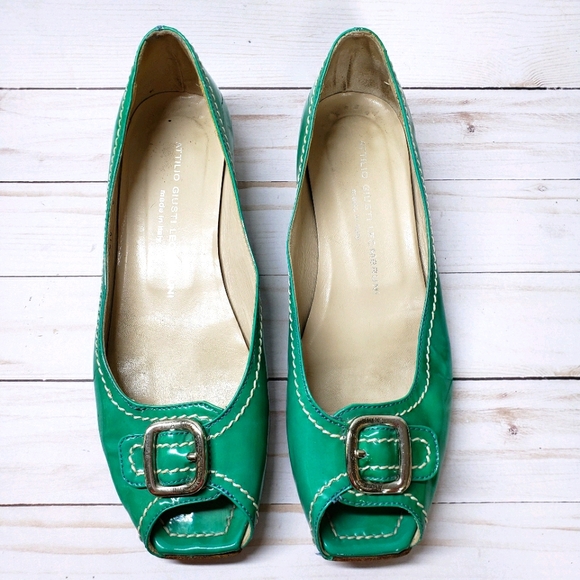 Attilio Giusti Leombruni Shoes - Attilio Giusti Leombruni greenish peeptoe kitten block 39